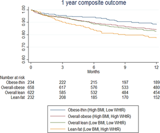 Kaplan–Meier survival curves of the composite outcome for combined BMI/WHtR groups.