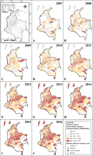 Spatiotemporal distribution of incidence rates of HRE and HDR in Colombia (2007–2016).