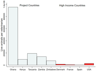 Live animals per veterinarian for project countries compared with high income countries.