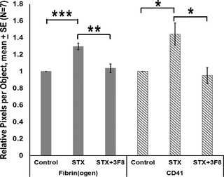 Relative pixels per CD41 positive object for glomerular fibrin(ogen) or CD41 vs. treatment.