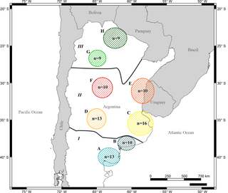<h2>Geographical locations of the sampled sites along the distributional range of <i>L</i>. <i>maximus</i> in Argentina.</h2>