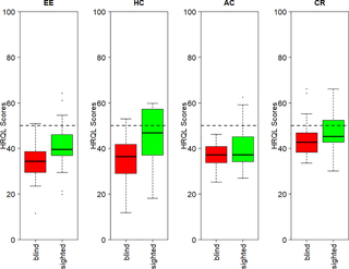 <h2>Boxplots of HRQL scores in 4 domains for 2 groups of dogs with ocular disease, one blind and the other with functional vision.</h2>