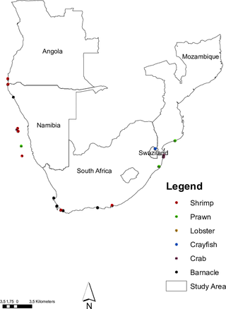 <h2>Southern African countries and collection efforts of crustaceans included in our study.</h2>