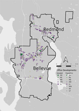 <h2>Map of office development study sites in Redmond and Bellevue, Washington.</h2>