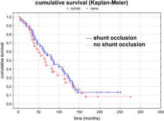 <h2>Survival analysis (Kaplan–Meier estimate and log-rank test) of patients with versus those without early shunt occlusion within 2 years.</h2>