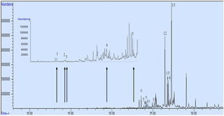 <h2>Total ion chromatogram of CGT extract from hydro-distillation indicating the different terpenoids identified and semi-quantified.</h2>