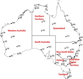 <h2>Map of 39 stations locations (for full names of stations refer to <em class="ref">Table 1</em>) and the states and territories labelled in red.</h2>