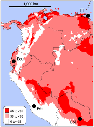 <h2>Map indicating the distribution of habitats in Ecuador and surrounding regions based on climate suitability for the development of fall armyworm.</h2>