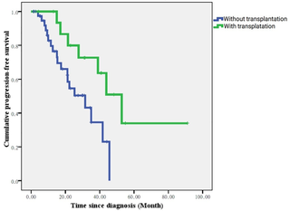 <h2>KM test for PFS of bone marrow transplantation in the first-line bortezomib group (TSGH analysis).</h2>