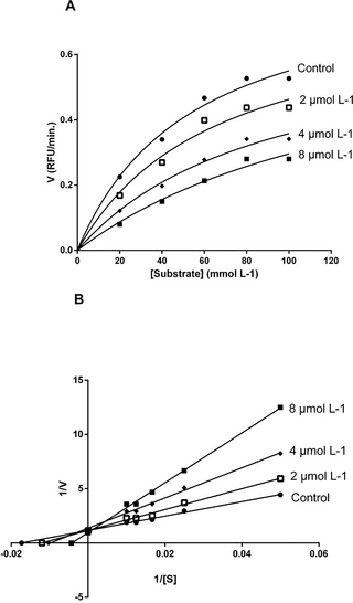 Enzymatic kinetics of WNV NS2-NB3 protease in the presence of compound 35.