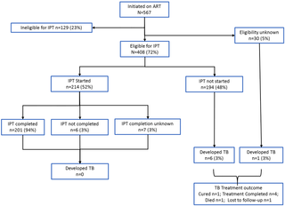 Flow diagram of persons living with HIV who were assessed and initiated on Isoniazid Preventive Therapy in Bulawayo, Zimbabwe from October 2013 to March 2014.