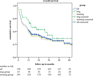 Kaplan-Meier estimates of cumulative survival of all included recipients of a liver transplant (all), recipients without- (nonmig-group), and with migration background (mig-group).