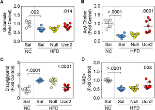 Examples of metabolites restored by <i>Ucn2</i> expression in mice fed with HFD.