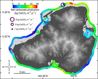 The effect of <i>Acanthaster solaris</i> on the net shallow-water coral-reef carbonate production of Kosrae, Federated States of Micronesia, 2018 where the size of the bubble is proportional to the carbonate reduction by <i>A</i>. <i>solaris</i>.
