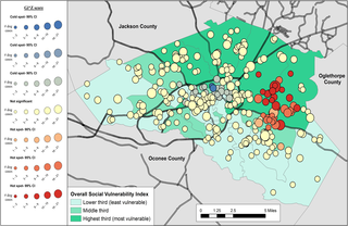Spatial cluster analysis within the health or behavioral category of physically neglected dog intake data from Athens-Clarke County Animal Control, Athens-Clarke County, GA, by overall social vulnerability index (SVI), 2014–2016.