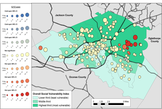 Spatial cluster analysis within the health or behavioral category of socially neglected dog intake data from Athens-Clarke County Animal Control, Athens-Clarke County, GA, by overall social vulnerability index (SVI), 2014–2016.