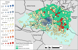 Spatial cluster analysis of adult dog intake data from Athens-Clarke County Animal Control, Athens-Clarke County, GA, by overall social vulnerability index (SVI), 2014–2016.