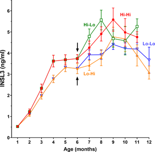 Profiles of INSL3 concentration in peripheral serum during the pre- and peri-pubertal periods.