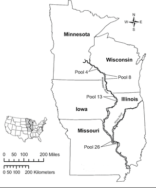 Locations of U.S. Army Corps of Engineers’ Upper Mississippi River Restoration, Long Term Resource Monitoring element sampling locations within the upper Mississippi River that are used in this study.