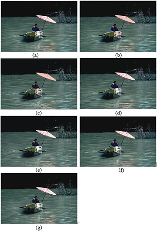The image <i>Boating</i>: (a) original image, (b, c) initial segmented result and result after region merging based on the histon, (d, e) initial segmented result and result after region merging based on the roughness index, (f, g) initial segmented result and result after region merging based on <i>AHHT</i>.
