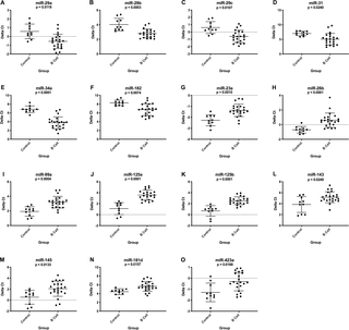 Graphs showing miRNA expression (delta Ct) in plasma from healthy control dogs (n = 10) compared to B cell lymphoma patients at diagnosis (n = 22).