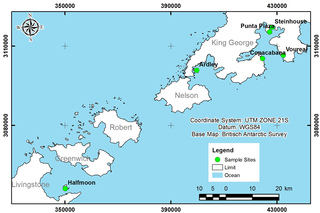 Map of the location of sampling points where <i>Prasiola crispa</i> was collected in Antarctica.