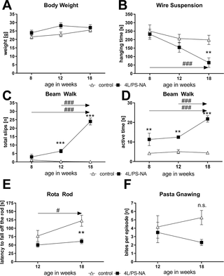 General health and motor deficits of 4L/PS-NA mice over age.