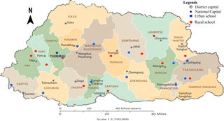 Location of schools sampled from different regions of Bhutan, 2017.